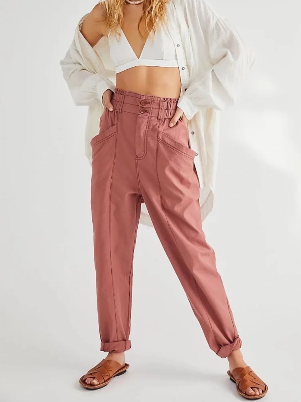Free People Ready To Run Cinch High Waist Pants Size Small Brandy Pink Slouchy